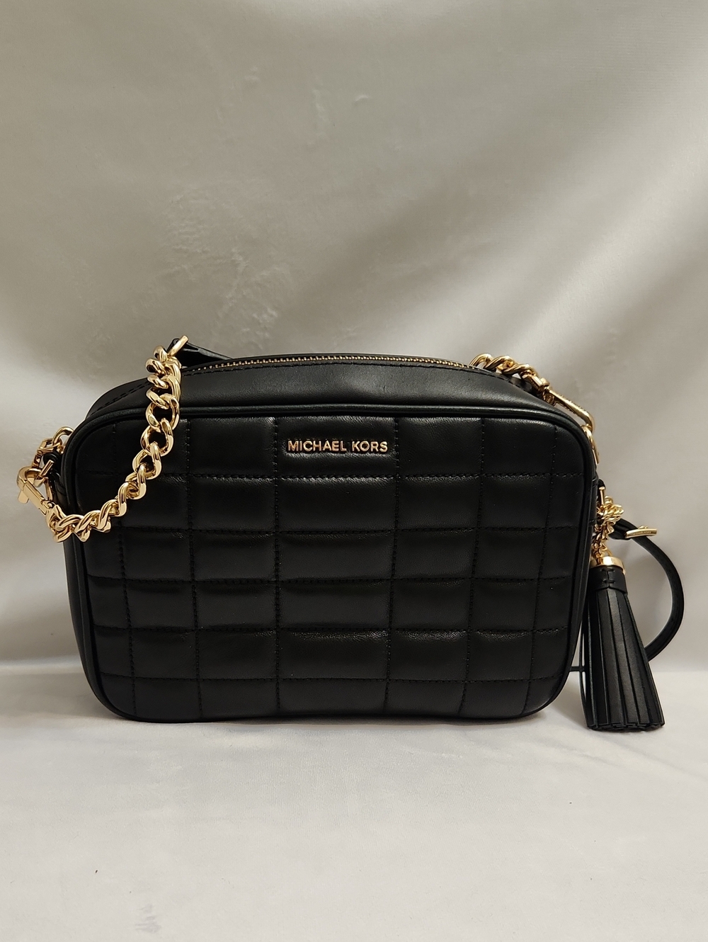 Michael Kors Jet Set Medium Quilted Leather Tassel Gold Chain Crossbody Bag